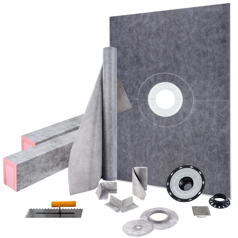 Shower Curb Kit, 48\"x72\" Watertight Shower Curb Overlay With 4\" PVC Central Bonding Flange, 4\" Stainless Steel Grate, 2 Cuttable Shower Curb And Trowel, Shower Pan Slope Sticks Fit For Bathr